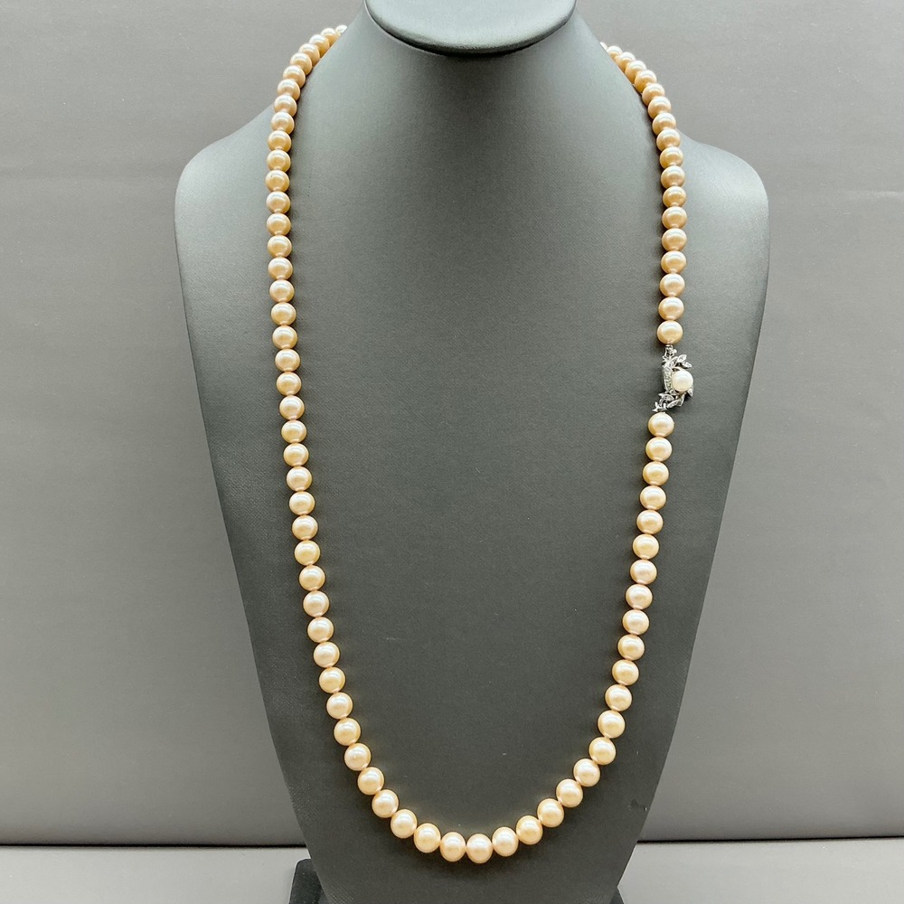 Vintage Necklace Faux Pearl Cream Knotted Rhinestone Floral Clasp Silver Tone